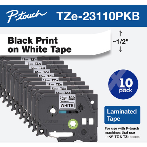 Brother TZe231 Laminated Tape for P-Touch Labelers (Black on White, 0.5" x 26.2', 10-Pack)