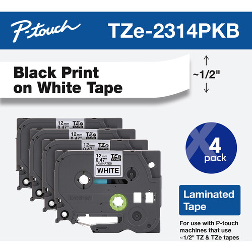 Brother TZe231 Laminated Tape for P-Touch Labelers (Black on White, 0.5" x 26.2', 4-Pack)