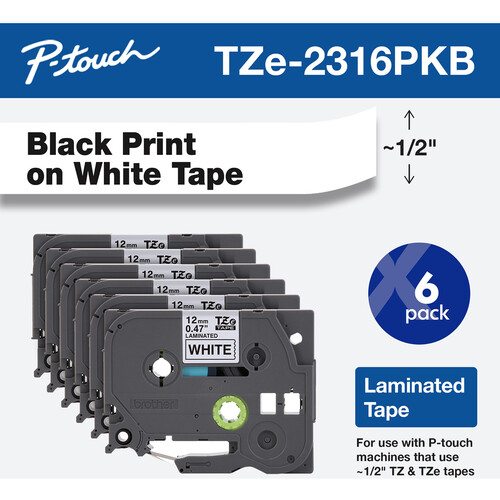 Brother TZe231 Laminated Tape for P-Touch Labelers (Black on White, 0.5" x 26.2', 6-Pack)