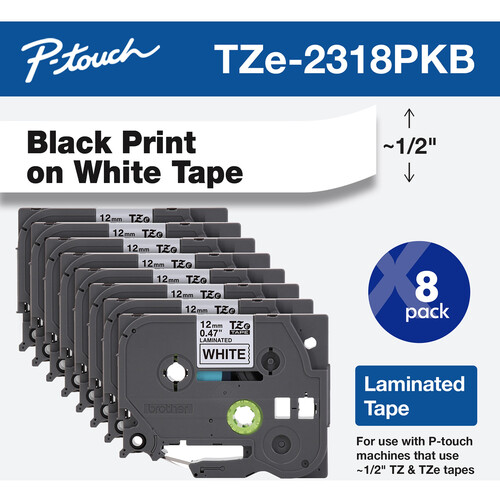 Brother TZe231 Laminated Tape for P-Touch Labelers (Black on White, 0.5" x 26.2', 8-Pack)
