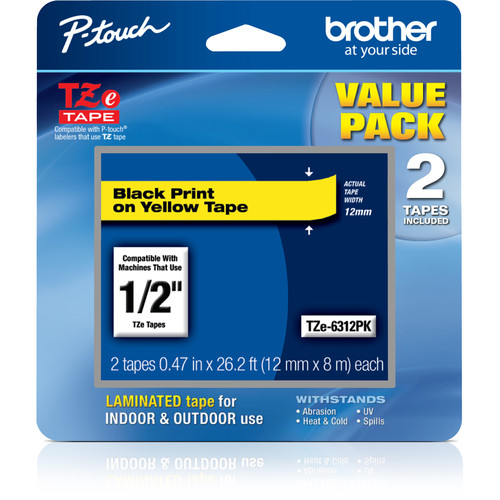 Brother TZe631 Laminated Tape for P-Touch Labelers (Black on Yellow, 0.5" x 26.2', 2-Pack)