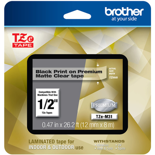 Brother Laminated Tape for P-Touch Label Makers (1/2" x 26.2', Black on Matte Clear)
