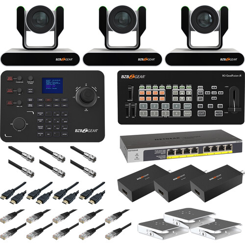 BZBGEAR Complete House of Worship Live Streaming Kit with Three PTZ Cameras, Controller, Mixer, Ceiling Mount (White)