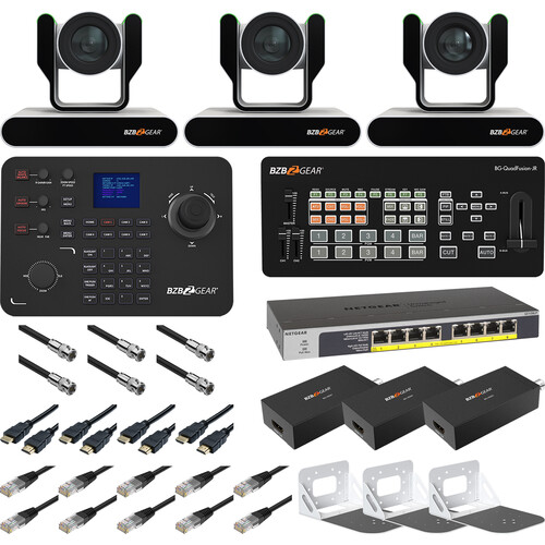 BZBGEAR Complete House of Worship Live Streaming Kit with Three PTZ Cameras, Controller, Mixer, Wall Mount (White)