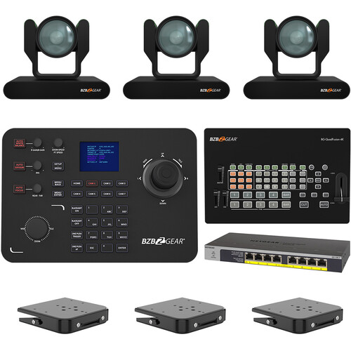 BZBGEAR ADAMO 4K Live Streaming Kit with Three 12x Cameras, Controller, Switches & Ceiling Mount (Black)