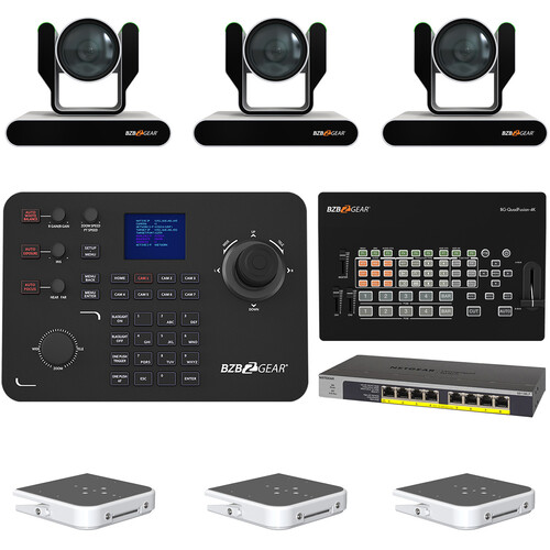 BZBGEAR ADAMO 4K Live Streaming Kit with Three 12x Cameras, Controller, Switches & Ceiling Mount (White)