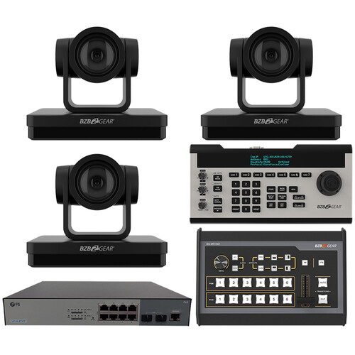 BZBGEAR 3 x 30x PTZ Camera Broadcast Kit with 6-Channel Mixer, 8-Port Switch & Controller (Black)