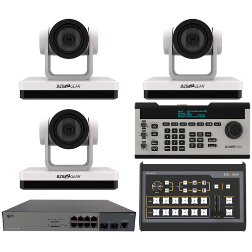 BZBGEAR 3 x 30x PTZ Camera Broadcast Kit with 6-Channel Mixer, 8-Port Switch & Controller (White)