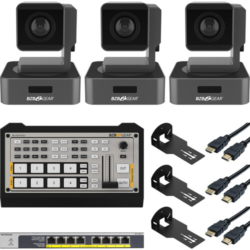 BZBGEAR Podcast Kit with 3 x 20x PTZ Cameras/Mixer/PoE Switch/Wall Mount/Cable
