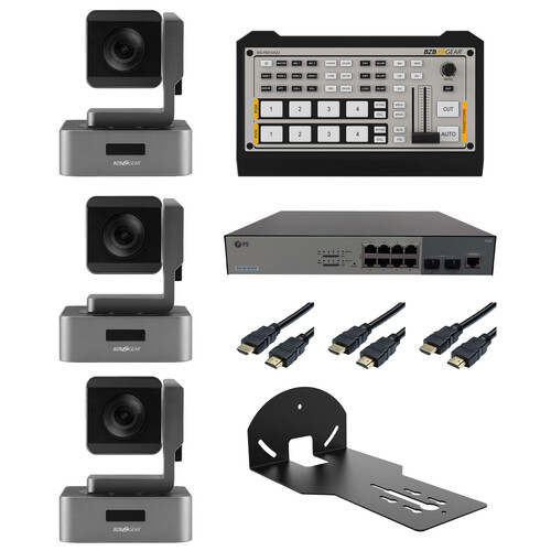 BZBGEAR Podcast Kit with 3 x 30x PTZ Cameras/Mixer/PoE Switch/Wall Mount/Cable