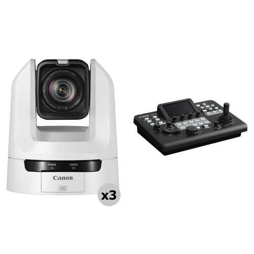 Canon CR-N100 4K NDI PTZ 3-Camera Kit with RC-IP300 PTZ Controller (Titanium White)