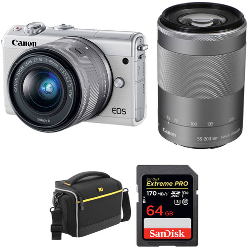 Canon EOS M100 Mirrorless Digital Camera with 15-45mm and 55-200mm Lenses and Accessories Kit (White)