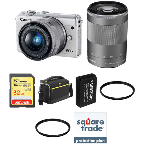 Canon EOS M100 Mirrorless Digital Camera with 15-45mm and 55-200mm Lenses Deluxe Kit (White)