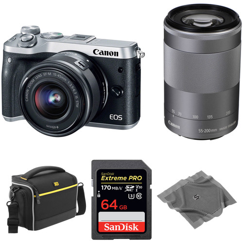 Canon EOS M6 Mirrorless Digital Camera with 15-45mm and 55-200mm Lenses and Accessories Kit (Silver)