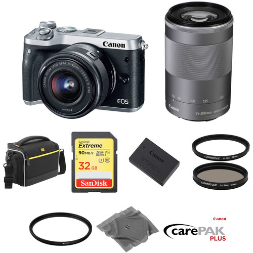 Canon EOS M6 Mirrorless Digital Camera with 15-45mm and 55-200mm Lenses Deluxe Kit (Silver)