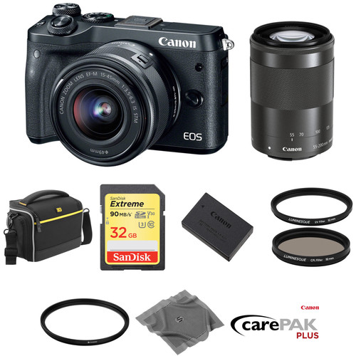 Canon EOS M6 Mirrorless Digital Camera with 15-45mm and 55-200mm Lenses Deluxe Kit (Black)