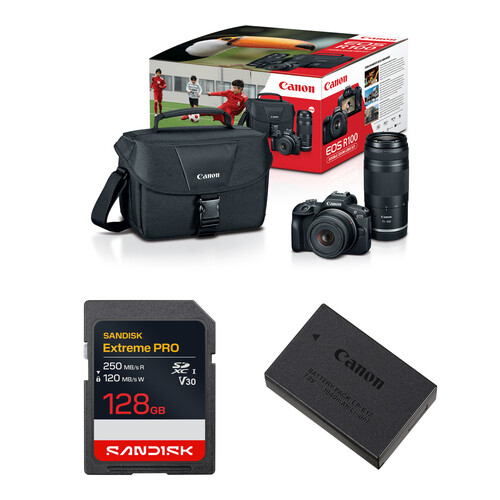 Canon EOS R100 Mirrorless Camera with 18-45mm and 75-300mm Lenses and Essentials+ Kit
