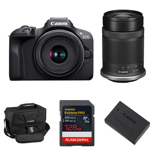 Canon EOS R100 Mirrorless Camera with 18-45mm & 55-210mm Lenses & Essentials+ Kit