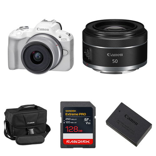 Canon EOS R50 Mirrorless Camera with 18-45mm & 50mm f/1.8 Lenses and Essentials+ Kit (White)