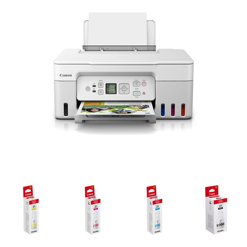 Canon PIXMA G3270 MegaTank All-in-One Wireless Inkjet Color Printer with GI-21 Ink Bottle Kit (White)