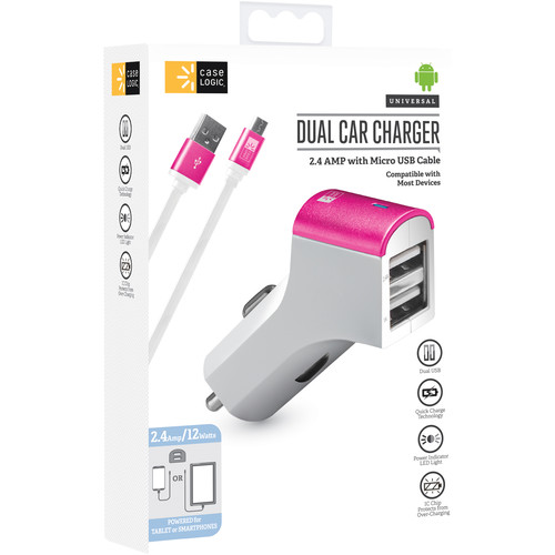Case Logic 2.4A Dual-USB Car Charger with Micro-USB Cable (Pink)