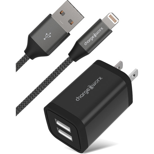 ChargeWorx 2.4A Dual USB Metal Wall Charger with 6' Lightning Cable (Black)