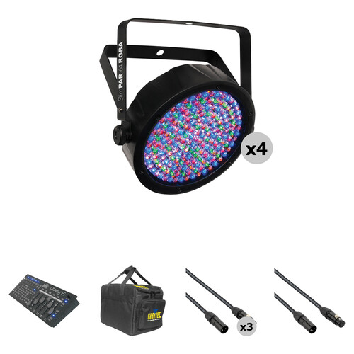 CHAUVET DJ SlimPAR 64 RGBA LED PAR Kit with 6-Channel DMX Controller, Cables, and Bag (4-Pack)