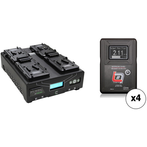 Core SWX Fleet Micro 3A Digital Quad Charger for V-Mount Batteries Kit with Four HyperCore Slim HC8 RED Batteries