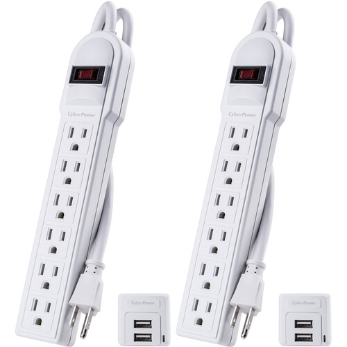 CyberPower 6-Outlet Surge Protector with 2 USB-A Ports Kit (2-Pack, White)