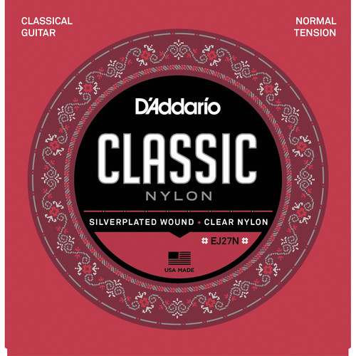D'Addario EJ27N Normal Tension Student Classic Nylon Strings for Classical Guitar (6-String Set, Clear Nylon, 29 - 45)