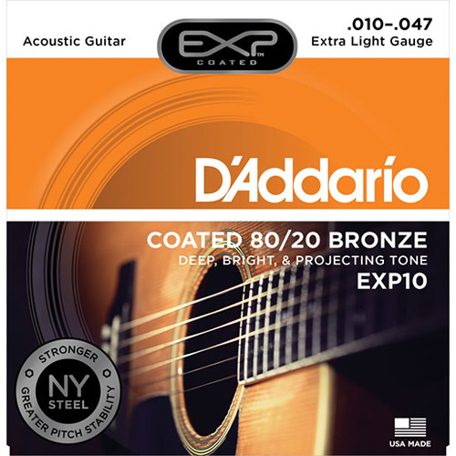 D'Addario EXP10 Extra Light Coated 80/20 Bronze Acoustic Guitar Strings (6-String Set, 10 - 47)