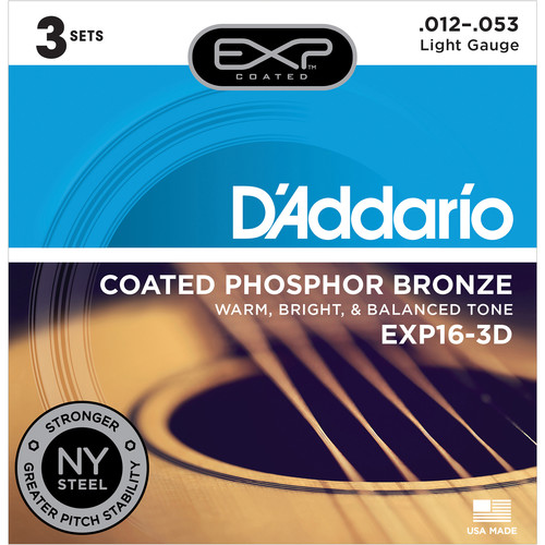 D'Addario EXP16 Light Coated Phosphor Bronze Acoustic Guitar Strings (6-String Set, 12 - 53, 3-Pack)