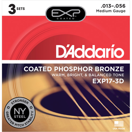 D'Addario EXP17 Medium Coated Phosphor Bronze Acoustic Guitar Strings (6-String Set, 13 - 56, 3-Pack)
