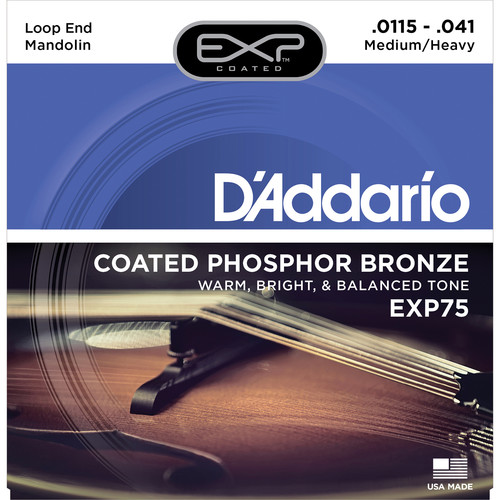D'Addario EXP75 Medium/Heavy EXP Coated Phosphor Bronze Mandolin Strings (8-String Set, Loop End, 11.5 - 41)