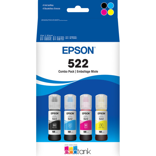 Epson T522 Multi-Color Ink Bottle Pack (Black, Cyan, Magenta, Yellow)
