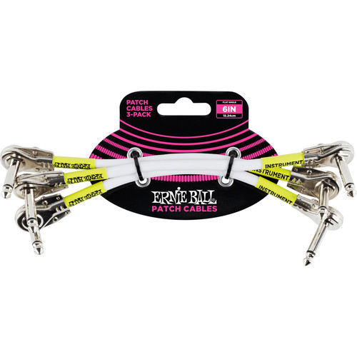 Ernie Ball 1/4" Flat-Angle to 1/4" Flat-Angle Patch Cable (6", White, 3-Pack)