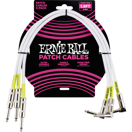 Ernie Ball 1/4" Straight to 1/4" Right-Angle Patch Cable (1.5', White, 3-Pack)