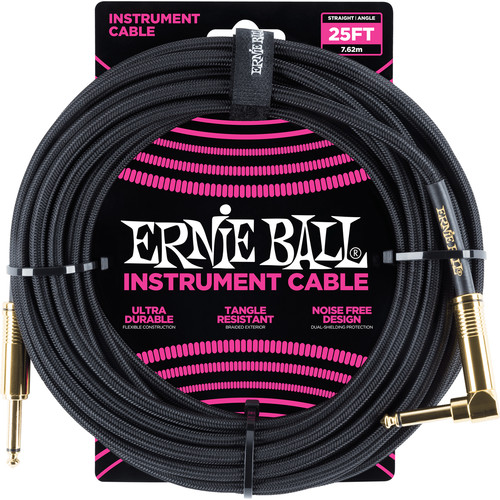 Ernie Ball 1/4" Straight to 1/4" Right-Angle Braided Instrument Cable (25', Black)