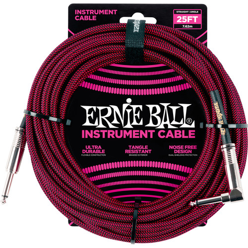Ernie Ball 1/4" Straight to 1/4" Right-Angle Braided Instrument Cable (25', Black/Red)