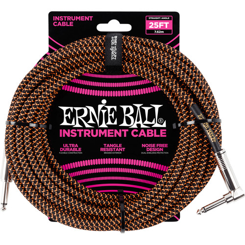 Ernie Ball 1/4" Straight to 1/4" Right-Angle Braided Instrument Cable (25', Black/Orange)