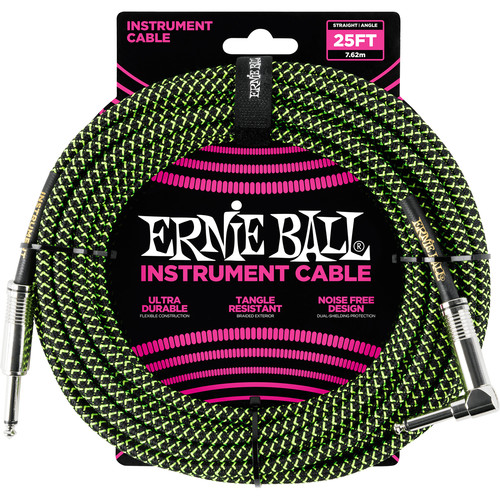 Ernie Ball 1/4" Straight to 1/4" Right-Angle Braided Instrument Cable (25', Black/Green)