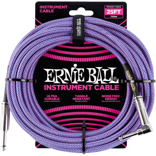 Ernie Ball 1/4" Straight to 1/4" Right-Angle Braided Instrument Cable (25', Purple)