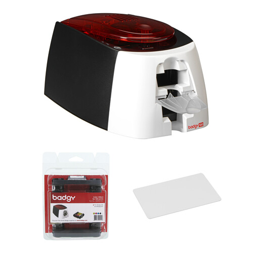 Evolis Badgy100 Single-Sided Card Printer with YMCKO Ribbon and 500 Cards Kit