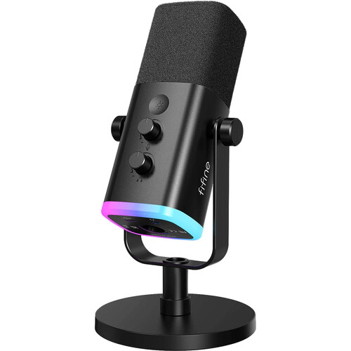 FIFINE AmpliGame AM8S USB/XLR Dynamic Microphone with RGB Lighting and Desktop Mic Stand (Black)