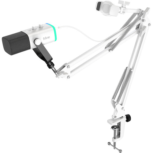FIFINE AmpliGame AM8TNEO USB/XLR Dynamic Microphone Kit with Boom Arm and Phone Holder (White)
