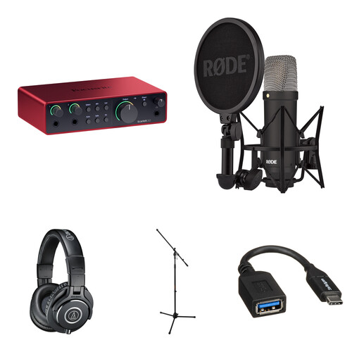 Focusrite Scarlett 2i2 USB-C Audio Interface (4th Generation) Kit with Rode NT1 Signature Series Mic and Accessories