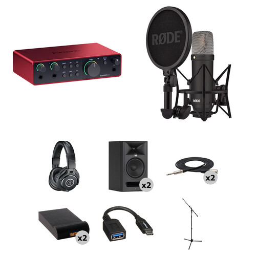 Focusrite Scarlett 2i2 USB-C Audio Interface (4th Generation) Kit with Rode NT1 Signature Series Mic and JBL Monitors