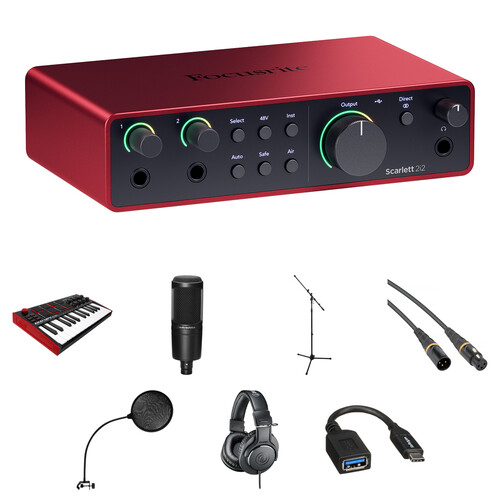 Focusrite Scarlett 2i2 USB-C Audio Interface (4th Generation) Kit with MIDI Controller Keyboard, Mic, Mic Stand, Headphones