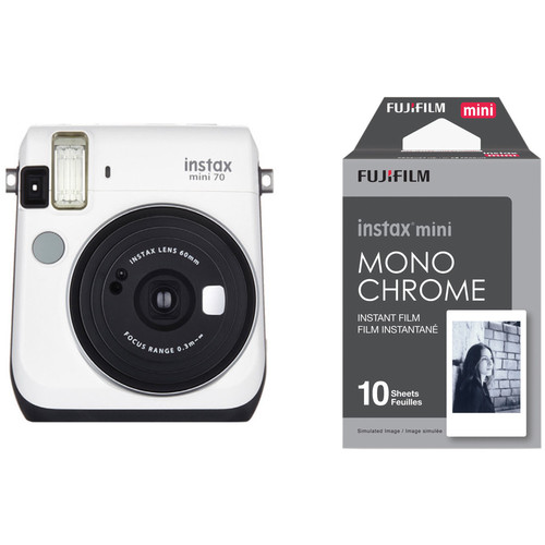 FUJIFILM INSTAX Mini 70 Instant Film Camera with Monochrome Film Kit (Moon White)
