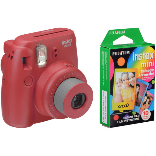 FUJIFILM INSTAX Mini 8 Instant Film Camera with Rainbow Instant Film Kit (Raspberry)